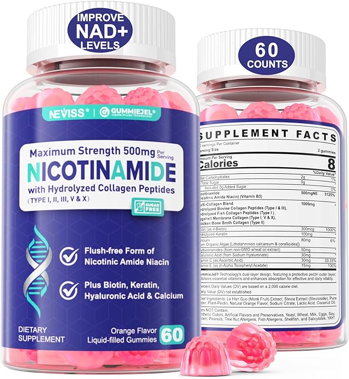NEVISS Nicotinamide 500mg Gummies, Niacinamide Supplement with Collagen Peptides, (Flush Free Niacin) Vitamin B3 Niacinamide for Anti-Aging, NAD+ Levels, Longevity, Focus & Brain, Sugar Free, 60Cts