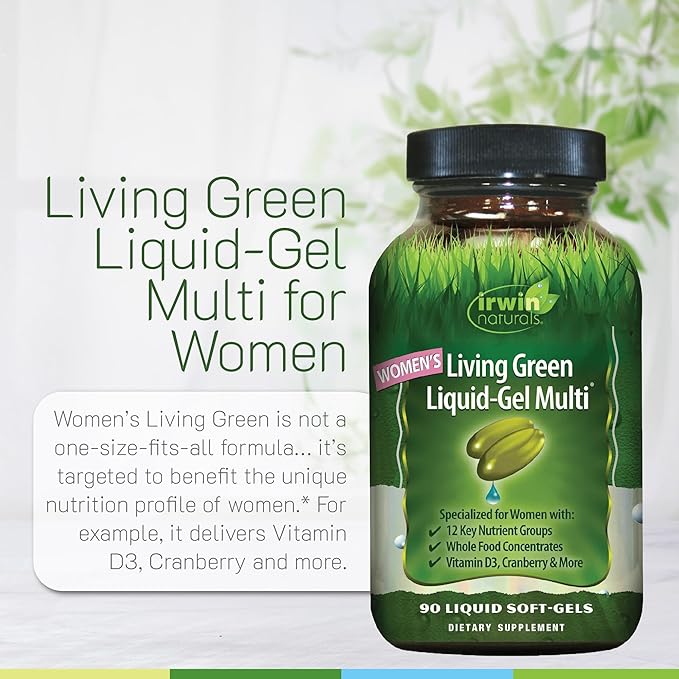 Irwin Naturals Women’s Living Green Liquid-Gel Multi - Whole Food Multivitamin for Women with 70 Nutrients, Omega Oils & Greens Blend - Liquid Soft-Gels with BioPerine® for Absorption - 120 Count