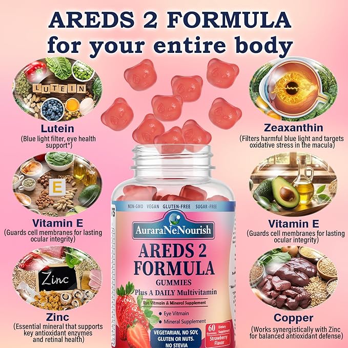 2 Pack AREDS 2 +Advanced Formula for Macular Health,22-in-1 Eye Vitamin & MineralSupplement w. Zeaxanthin, Zinc &Vitamin C, 60 Chewable Gummies