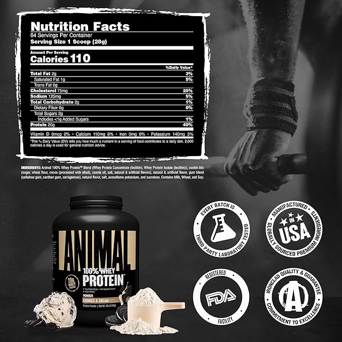 Animal 100% Whey Protein Powder – Whey Blend for Pre Workout or Post Workout, Recovery, Anytime Low Sugar Protein Boost Meal Replacement with BCAA Branched Chain Amino Acids – Cookies & Cream, 4 lb