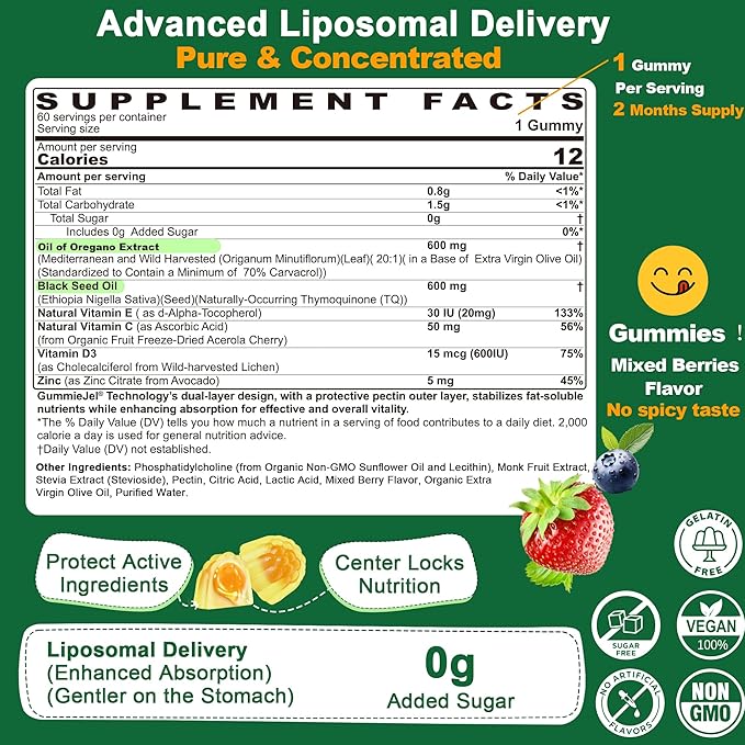 Oil of Oregano with Black Seed Oil Filled Gummies - 2 Months Supply - Aceite De Oregano Capsulas Alternative, Carvacrol & Thymoquinone with VE, VC, D3, Zinc, Liposomal Form, Sugar Free, Berry Flavor