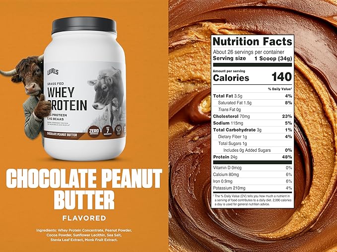 Levels Grass Fed Whey Protein Powder, No Artificials, 24G of Protein, Chocolate Peanut Butter, 2LB