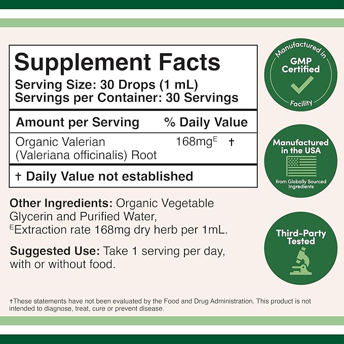 Valerian Root Drops for Sleep - Organic Valerian Root Tincture Extract 168mg - 1 FL OZ, 30 Servings (Better Absorbed Than Capsules, Enhances Valerian Root Tea) for Relaxation and Calm by Double Wood