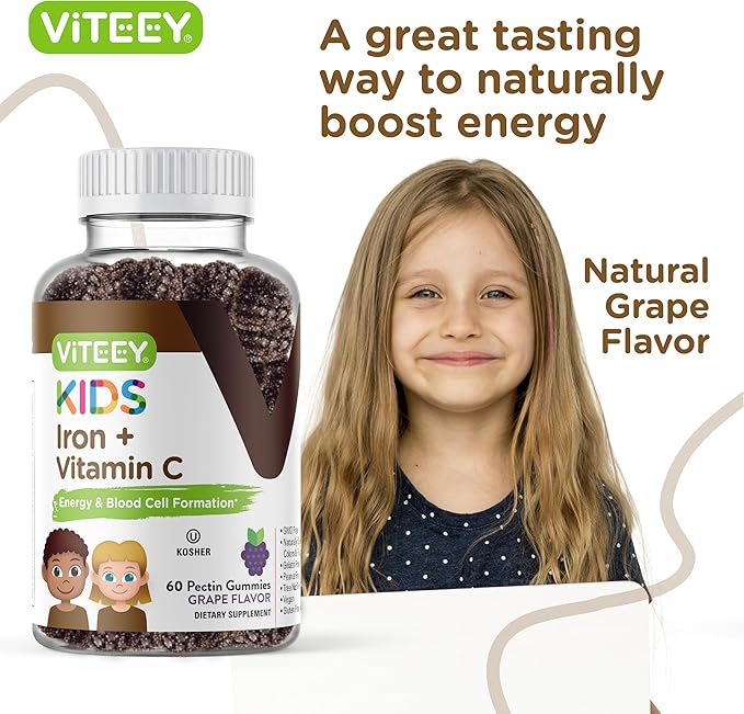 VITEEY Iron for Kids with Vitamin C - Supports Energy, Blood Cell Formulation, Blood Builder Anemia Kids Iron Supplements - Vegan, Gelatin Free, Gluten Free - Tasty Chewable Grape Flavored Gummy