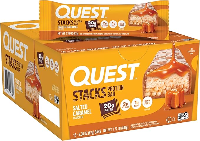Quest Nutrition Stacks Protein Bars, Salted Caramel Flavor, 20g Protein, 2g Net Carbs, 1g Sugar, High Fiber, Low Sugar, Gluten Free, 12 Count