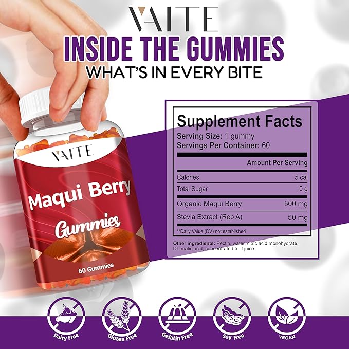 VAITE Maqui Berry Gummies 500mg – Antioxidant-Rich Vegan Supplement, Plant-Based Superfood Chewables for Daily Balance, 60 Easy to Take Servings, Non-GMO, Gluten & Soy Free, for Men & Women