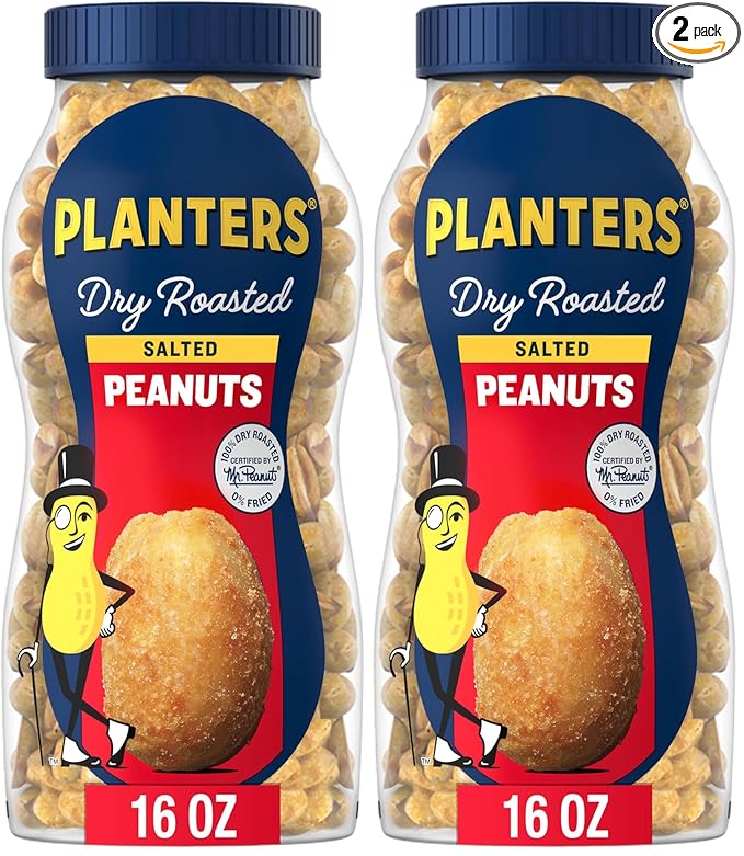 PLANTERS Salted Peanuts, Dry Roasted Peanuts, Party Snacks, Plant Based Protein, Snacks For Adults, 16 Ounce (Pack of 2)