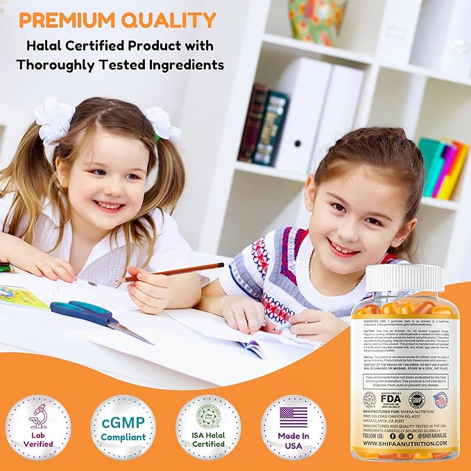SHIFAA NUTRITION Halal Omega 3 for Kids with DHA Gummies for Brain Development, Heart & Immune Support, Plant-Based, Non-GMO, Algae-Based DHA, Gluten & Gelatin-Free Kids Omega 3 Gummies, 30 Servings