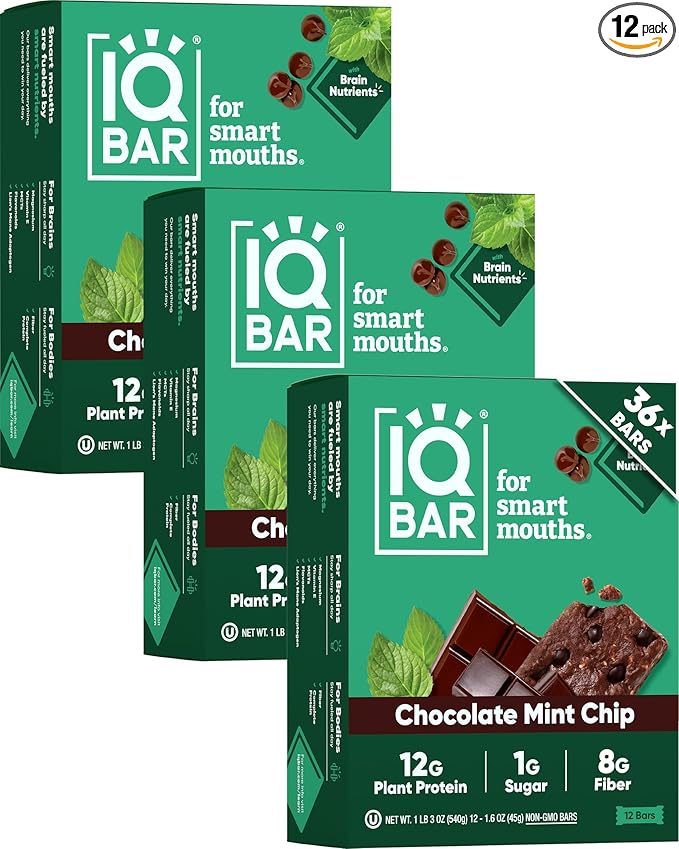 IQBAR Clean Plant Protein Bars - Chocolate Mint Chip - 36 Count - Keto, Vegan, High Fiber, Gluten and Dairy Free, Low Sugar Snack - Brain and Body Nutrients for Focus, Energy, Meal Replacement
