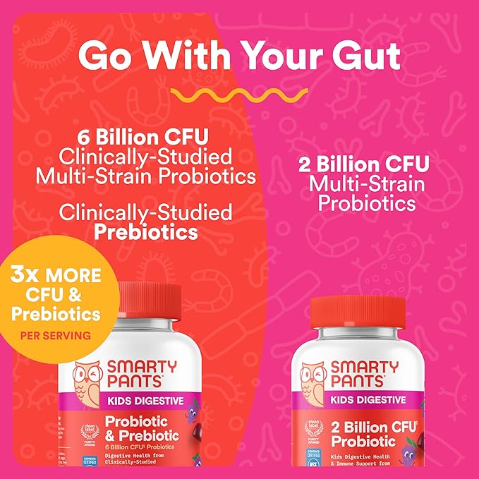 SmartyPants Kids Probiotic & Prebiotic Gummies for Digestive Health: Gut Health Supplement,Clinically Studied Prebiotic for Immune Support,Grape,(30 Day Supply),60 Count (Pack of 2)