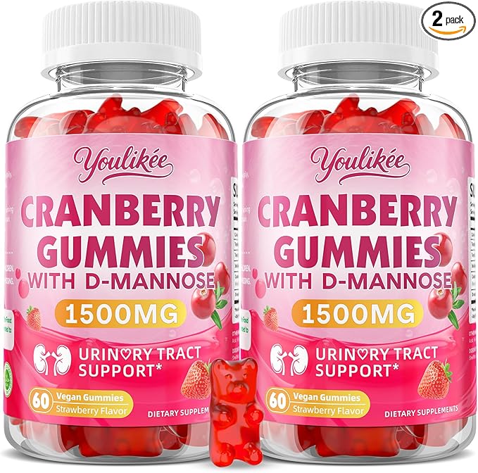 2 Pack Vegan Cranberry Gummies with D Mannose - Supports Urinary Tract Health for Women & Men, Sugar-Free, Non-GMO and Gluten Free, Strawberry Flavor, 120 Count