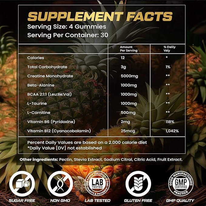 Creatine Monohydrate Gummies for Men & Women, 9000MG Creatine Gummies Sugar Free with L-Taurine, BCAA 2:1, B12 B6 for Boost Strength, Focus & Endurance, Vegan, Non-GMO, Pineapple, 120*2 Bottle