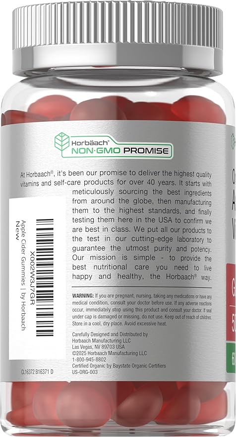 Horbäach Organic Apple Cider Vinegar Gummies | 60 Gummies | Vegan, Non-GMO & Gluten-Free Supplement | USDA Organic ACV | Apple Flavor