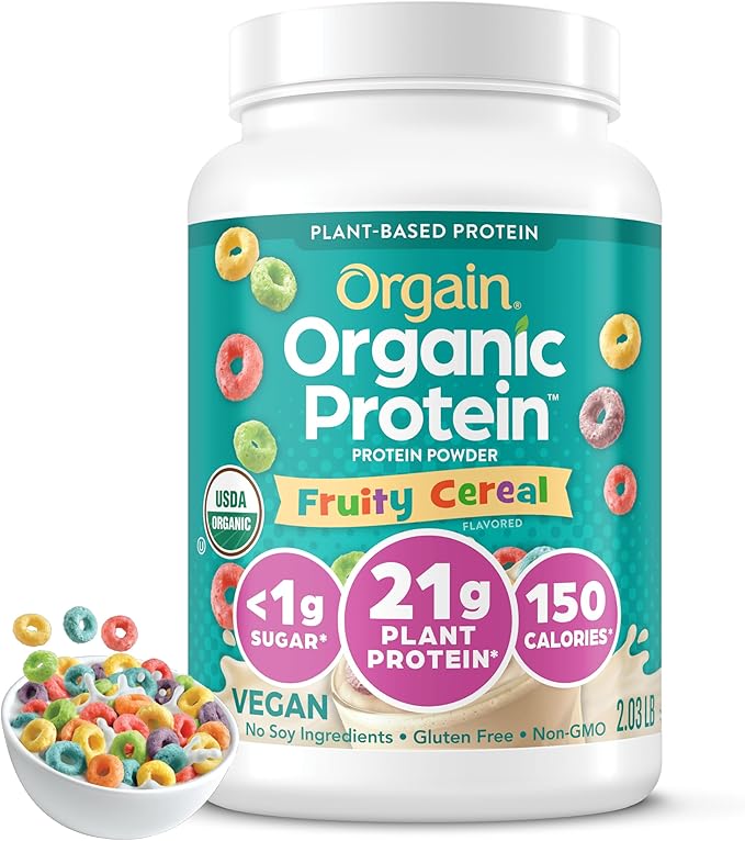 Orgain Organic Vegan Protein Powder, Fruity Cereal - 21g Plant Based Protein, 8g Prebiotic Fiber, Low Net Carb, No Lactose Ingredients, No Added Sugar, Non-GMO, For Shakes & Smoothies, 2.03 lb