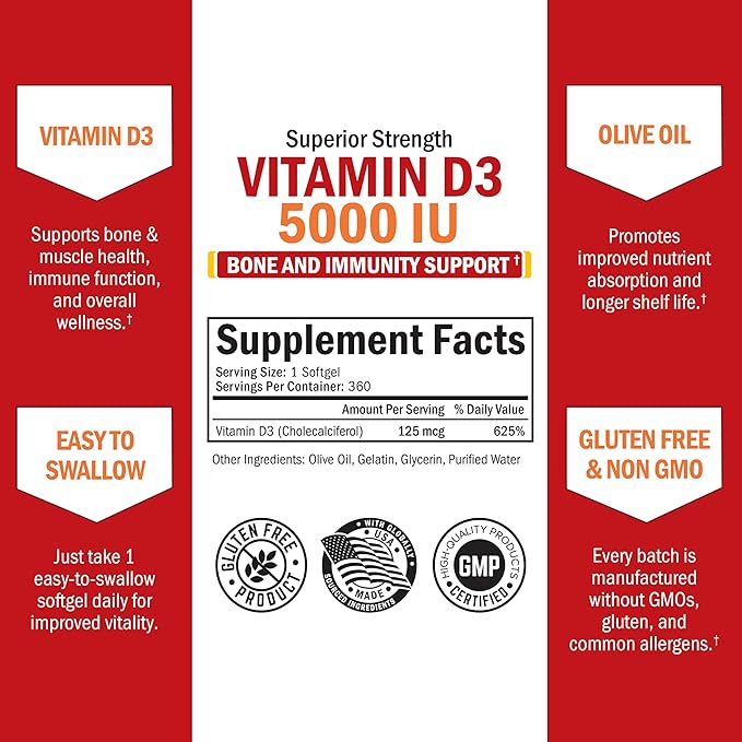 Vitamin D3 5000 IU (125 mcg) Natural Immune Support Supplement, Bone Strength, Healthy Muscle Function, with Olive Oil for Highest Absorption, Gluten Free & Non-GMO, 1 Year Supply, 360 Softgels