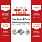 Vitamin D3 5000 IU (125 mcg) Natural Immune Support Supplement, Bone Strength, Healthy Muscle Function, with Olive Oil for Highest Absorption, Gluten Free & Non-GMO, 1 Year Supply, 360 Softgels