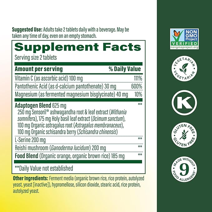 MegaFood Adrenal Strength - Adrenal Support Supplements with Ashwagandha and Magnesium Glycinate, Vitamin C, Holy Basil, Astragalus, Reduces Cortisol Levels - Vegetarian - 60 Tablets (30 Servings)