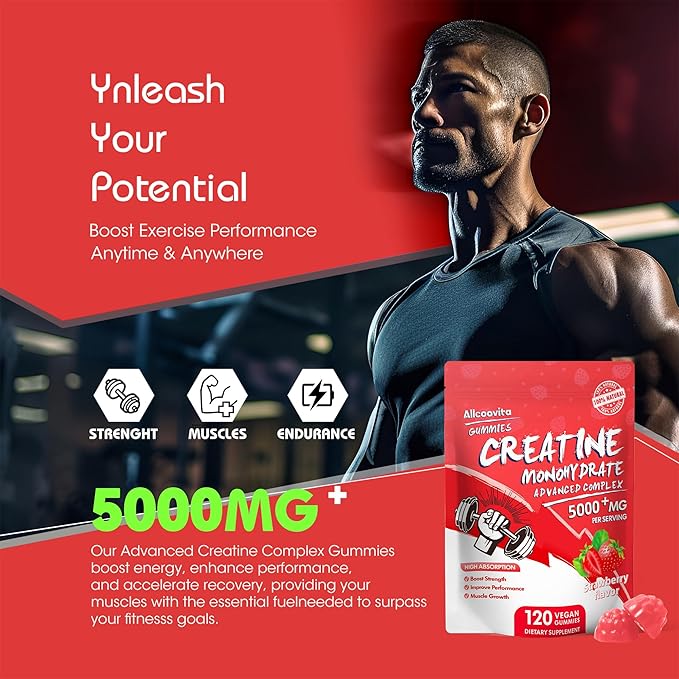 NSF Certified Creatine Gummy - Creatine Monohydrate Gummies 5000mg for Men & Women -120 Gummies Advanced Formula, Muscle Strength, Muscle Builder, Energy Boost, Pre-Workout Supplement-Strawberry