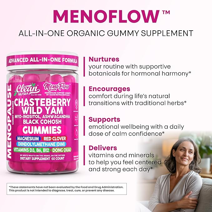 Clean Nutra Menopause Supplements for Women Chastberry Wild Yam Gummies Inositol Black Cohosh Magnesium Red Clover DIM Supplement B6 Magnesium Glycinate Glycine Vitex Hormone Balance Gummy Vitamins