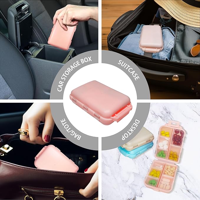Pill Organizer with Medicine Labels 161 Labels Travel Daily Pill Container Mini Medication Organizer Storage Pill Organizer Travel Essentials Pill Case 7 Day (Beige, 1 Pack)