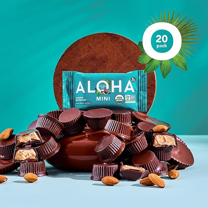 ALOHA Organic Plant Based Protein Bar MINIS | Almond Butter Cup | GLP-1 Friendly, 20 Count, 24g Bars | Vegan, Low Sugar, Gluten Free, Low Carb, Non-GMO, No Stevia, No Soy, No Sugar Alcohols