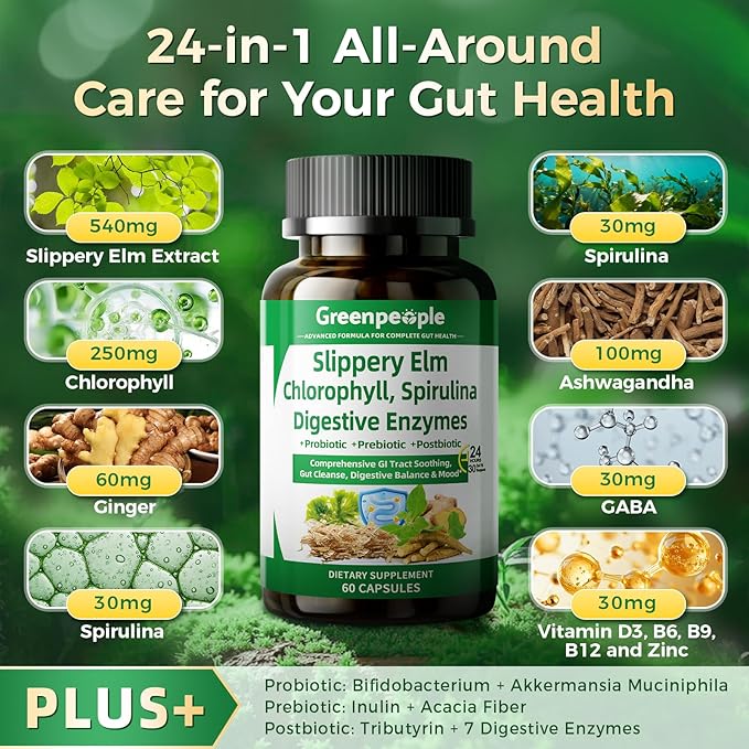 GREENPEOPLE Digestive Enzymes for Women & Men - Gentle Gut Health & Cleanse Capsule with Slippery Elm, Chlorophyll, Spirulina, Probiotics Complex - Complete Sensitive Gut Supplement 60 Ct 30 Days Use