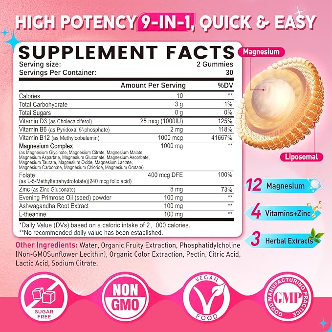 12-in-1 Magnesium Complex Gummies for Women, 1000mg Liposomal Magnesium Glycinate Citrate Malate Oxide Supplement with D3, Methylated B6&12, Zinc for Relax, Sleep, Bone, Muscle Health, Vegan, 60 Chews