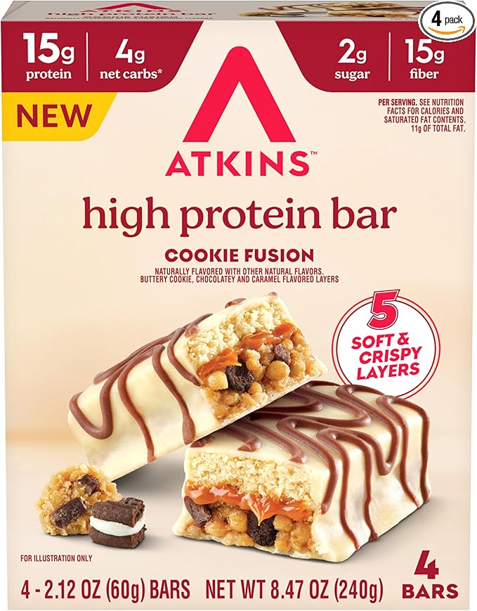 Atkins High Protein Bars, Cookie Fusion Flavor, 15g of Protein, 4g Net Carbs, Keto Protein Bars, Low Sugar, 4 Count