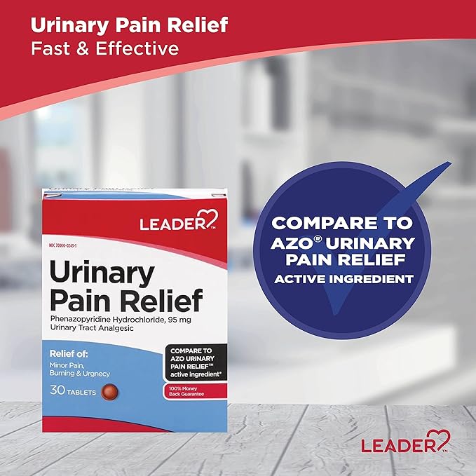 LEADER Urinary Pain Relief Maximum Strength, Fast Relief of UTI Pain, Burning & Urgency, Urinary Tract Infection, Phenazopyridine Hydrochloride 95 mg, 30 Tablets, 5-Pack