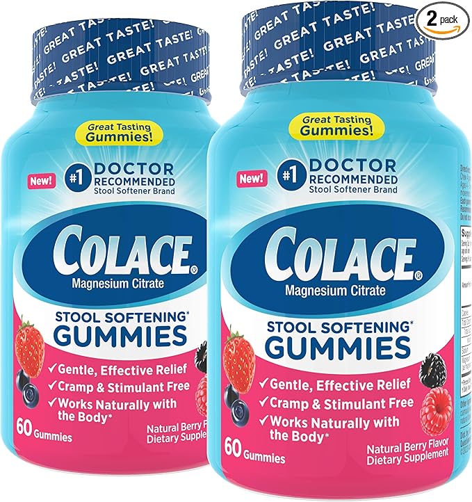 Colace Stool Softener Gummies, Gentle Dependable Constipation Relief Magnesium Citrate Gummies, No.1 Doctor Recommended Stool Softener Brand, Berry Flavored 60ct (Pack of 2)