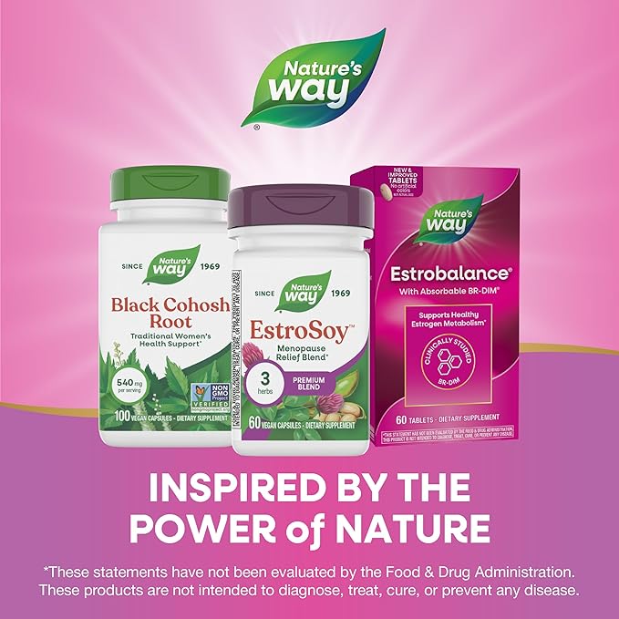 Nature's Way EstroSoy, Menopause Relief Blend*, Helps Relieve Menopausal Symptoms*, Black Cohosh, Fermented Soy Extracts, Red Clover, 60 Vegan Capsules (Packaging May Vary)