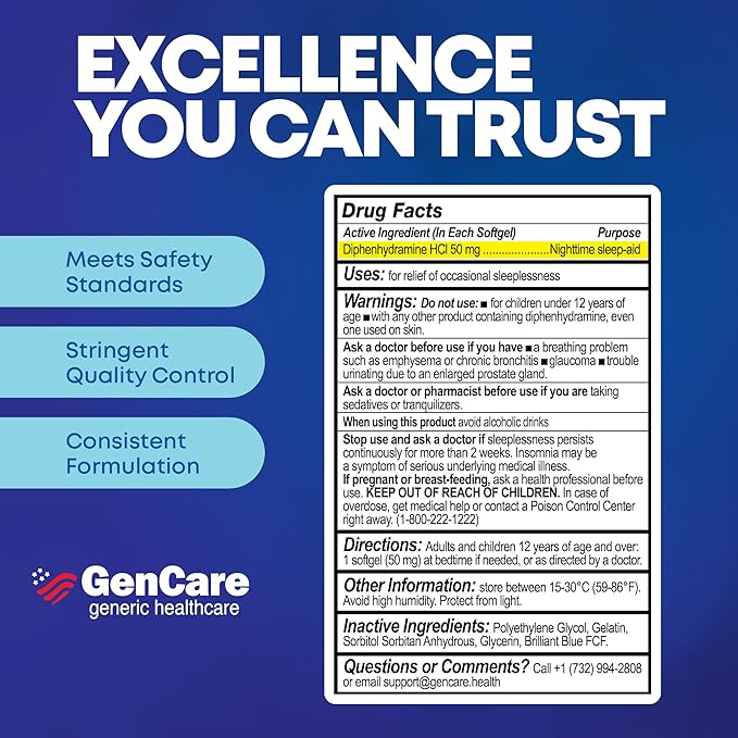 GenCare Maximum Strength Nighttime Sleep Aid Supplement for Adults Deep Sleep Pills with Diphenhydramine HCl 50mg to Fall Asleep Faster- Strong Non-Habit Forming PM Sleeping [96 Softgels] (Pack of 2)