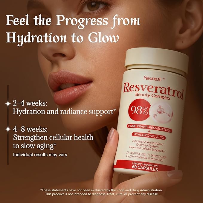 Resveratrol Supplement 98% High Purity Trans-Resveratrol Complex with Collagen Peptides & Hyaluronic Acid,Quercetin,Antioxidant Support for Skin & Beauty,Immune Health,Gluten-Free,60 Capsules