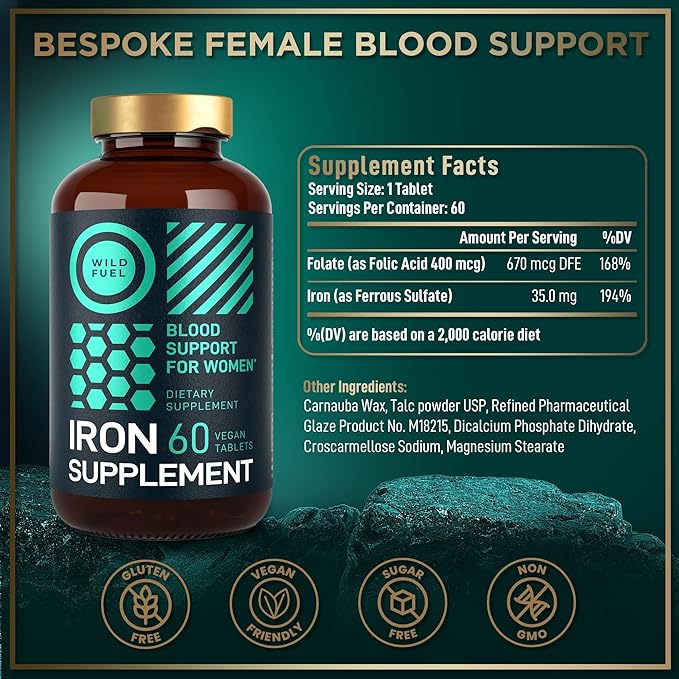 Vegan Iron Supplement for Women with Folic Acid - 35 mg Blood Builder Ferrous Sulfate, Folic Acid 400 mcg - Iron Pills for Women with Anemia & Pregnancy Support - 180 Gluten-Free Tablets - 3Pack