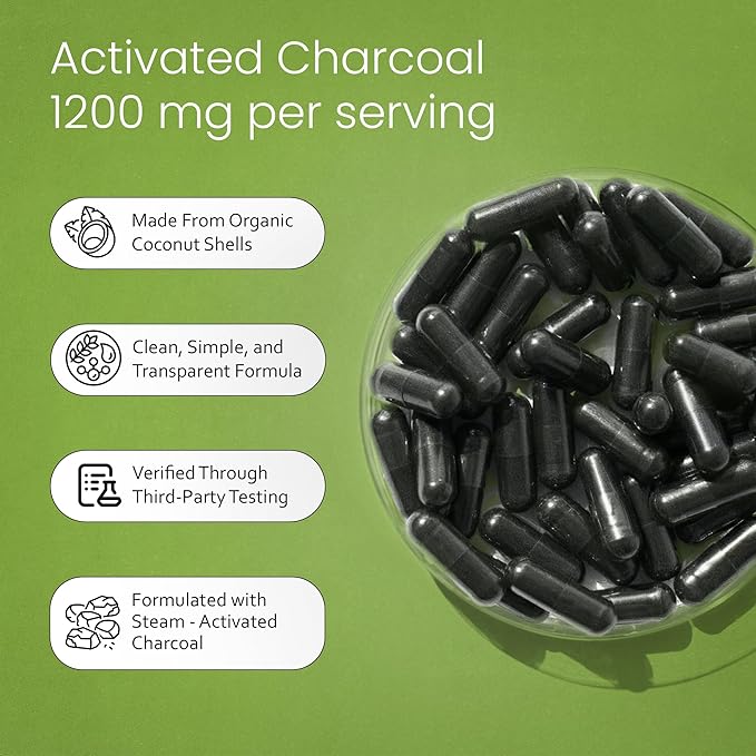 NaturaLife Labs Activated Charcoal 1200 mg per Serving – from Coconut Shells – 100 Veg Capsules – Non-GMO, Gluten-Free, Vegan