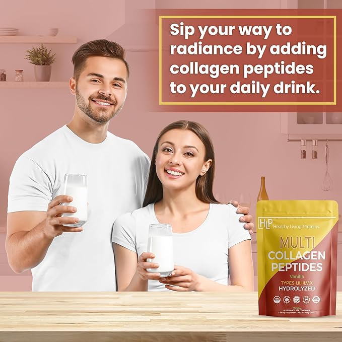 Healthy Living Proteins - Hydrolyzed Multi Collagen Peptides Powder Types I, II, III, V & X - Grass Fed Bovine, Wild Caught Marine, Free Range Chicken - Gluten Free (Vanilla, 16 oz)