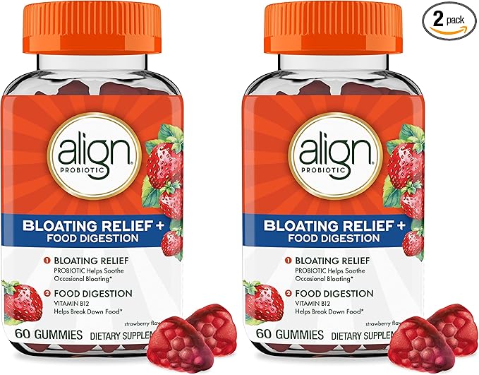 Align Probiotic, Bloating Relief + Food Digestion, Probiotics for Women and Men, Probiotic Helps Soothe Occasional Bloating*, with Vitamin B12 to Help Break Down Food into Cellular Energy*,60 Gummies