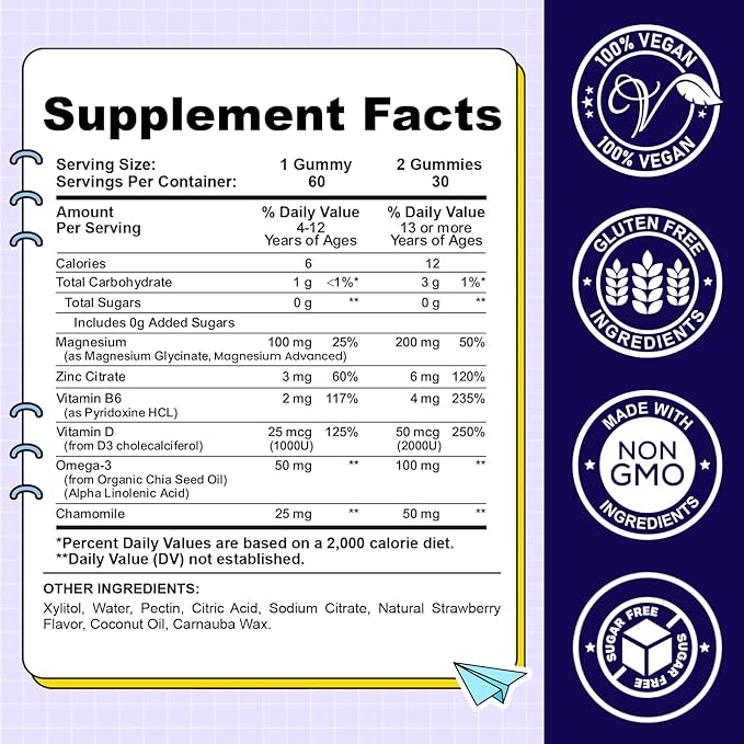 Kids Magnesium Gummies-Magnesium Glycinate Gummies for Kids Supplement-w/Zinc, Chamomile, Omega-3, Vitamin B6, D3 - for Sleep, Relaxation, Brain, Bones, Children's Calm, Sugar Free Strawberry 60ct