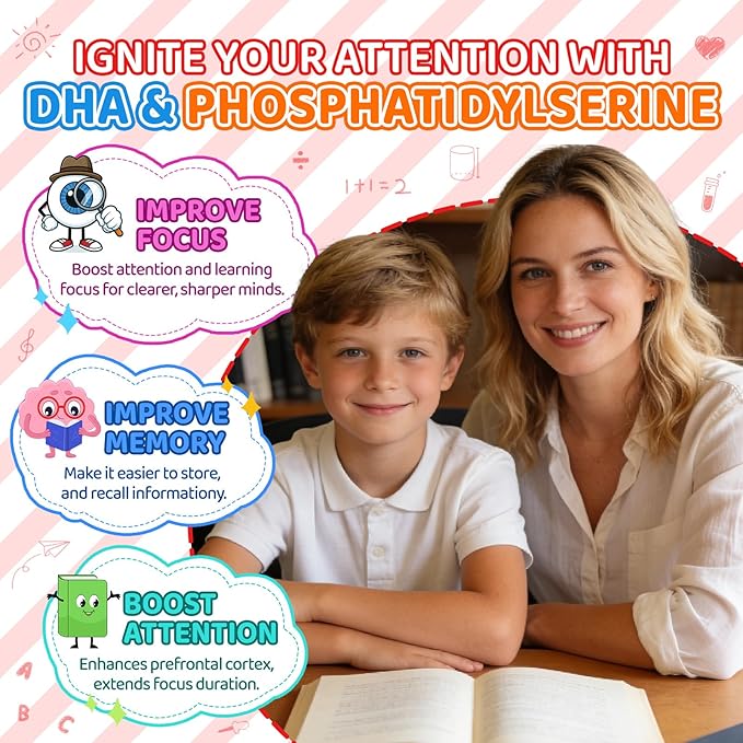 Choline Gummies for Kids & Adults, Choline Supplements 500mg with DHA, Phosphatidylserine for Brain Health, Focus, Immune Support, Sugar-Free, Vegan, Strawberry Flavor, 60 Gummies