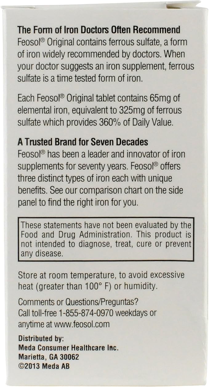 Feosol Original Iron Supplement Tablets, Non-heme, 65mg Iron per Pill, 1 Per Day, 120ct, 4 Month Supply, for Energy and Immune System Support, Made in USA