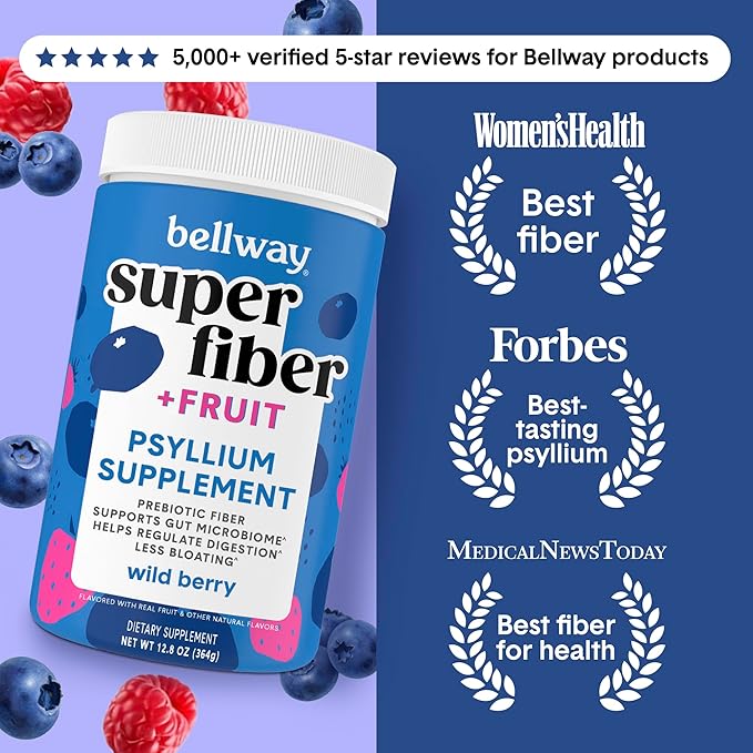 Bellway Super Fiber Powder + Fruit, Sugar Free Organic Psyllium Husk Powder Fiber Supplement for Regularity, Bloating Relief & Digestive Health, Plant-Based, Wild Berry (50 Servings)