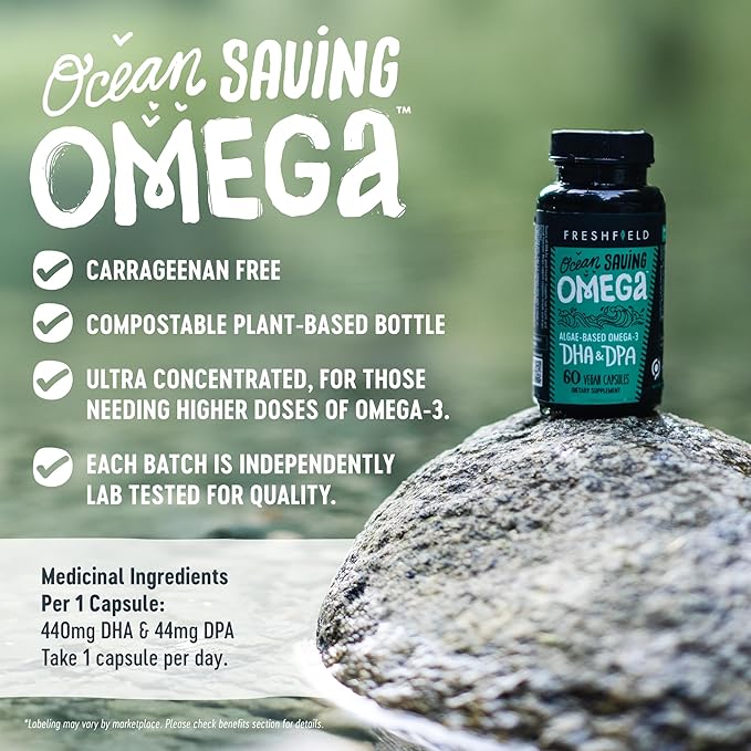 Freshfield Omega 3, DHA Supplements, Algae Oil, Vegan Omega, Ocean Saving Fish Oil Replacement, Sustainably Sourced, Highest Levels of DHA per Capsule, w/DPA