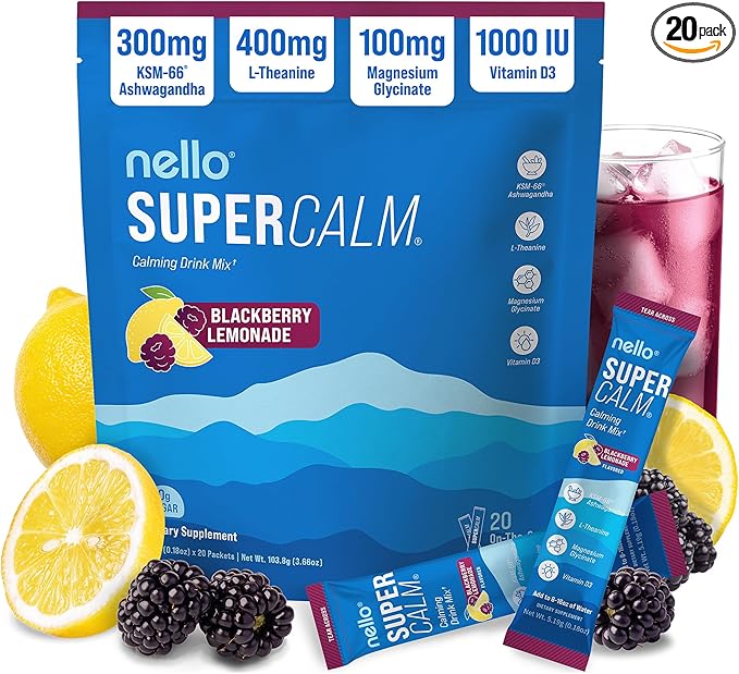 Nello Supercalm Powdered Drink Mix, Cortisol Reducer*, Sleep Aid Supplement, L Theanine, Ksm-66 Ashwagandha, Magnesium Glycinate, Vitamin D 3, No Sugar, Non GMO, 20 Ct, BlackBerry Lemonade