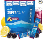 Nello Supercalm Powdered Drink Mix, Cortisol Reducer*, Sleep Aid Supplement, L Theanine, Ksm-66 Ashwagandha, Magnesium Glycinate, Vitamin D 3, No Sugar, Non GMO, 20 Ct, BlackBerry Lemonade