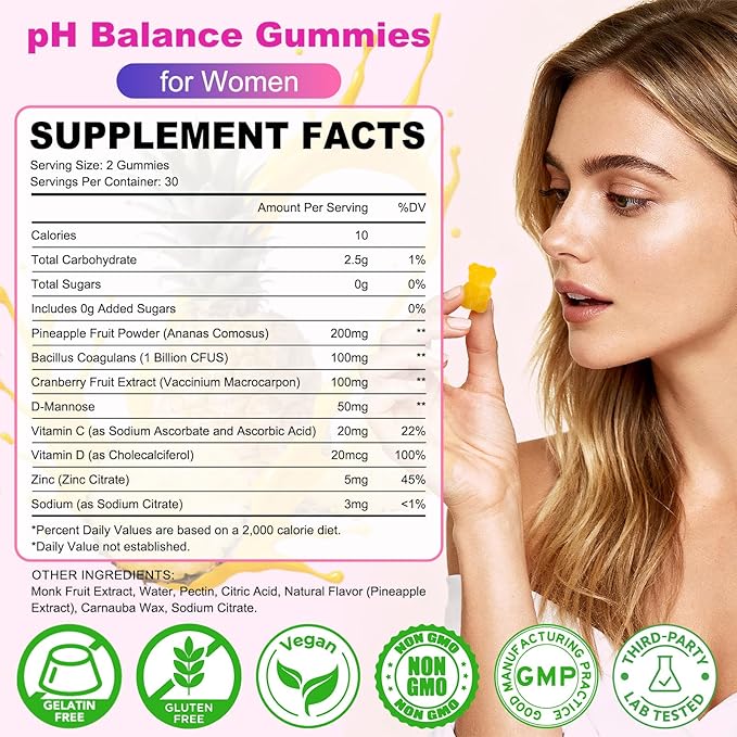 2 Packs Feminine Balance Gummies for Women - PH Balance Gummies Support Vaginal Flora, Gut Health & Immune System, Vegan, Gluten-Free, Tropical Pineapple Flavor (120 Count)