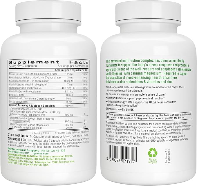 Igennus High Strength Ashwagandha KSM-66 Stress Relief Complex, L-Theanine & Magnesium & Root Extract Adaptogens, Methylated B Vitamins, Calm & Sleep Support, Clean Label, 180 Fast Acting Capsules