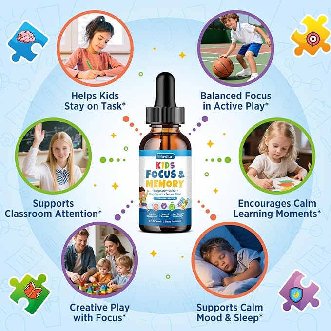 Kids Focus and Attention Supplements with Phosphatidylserine, L-Theanine, Omega-3 & Magnesium Glycinate - Kids Brain Vitamins Liquid Drops - Supports Concentration, Memory, Sleep & Mood, Strawberry