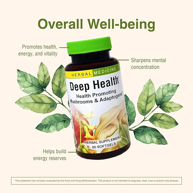 Herbs Etc. Deep Health - Daily Use Adaptogen Supplement - Aids Immune Health & Energy - with Reishi Mushroom - 60 Softgels (60 Servings)