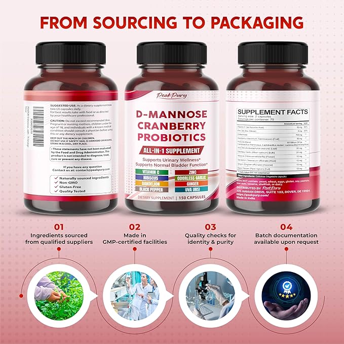 D-Mannose with Cranberry, Probiotics & Uva Ursi – All-in-1 Supplement for Urinary Tract & Bladder Health - 75 Servings
