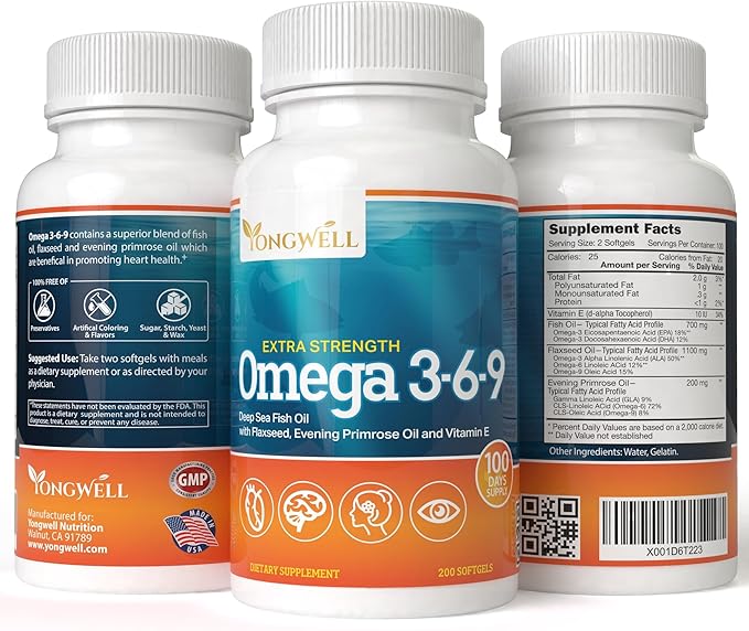 Triple Strength Omega 3-6-9 Fish Oil, Flaxseed & Evening Primrose Oil, 2000mg EPA & DHA (200 Softgels)